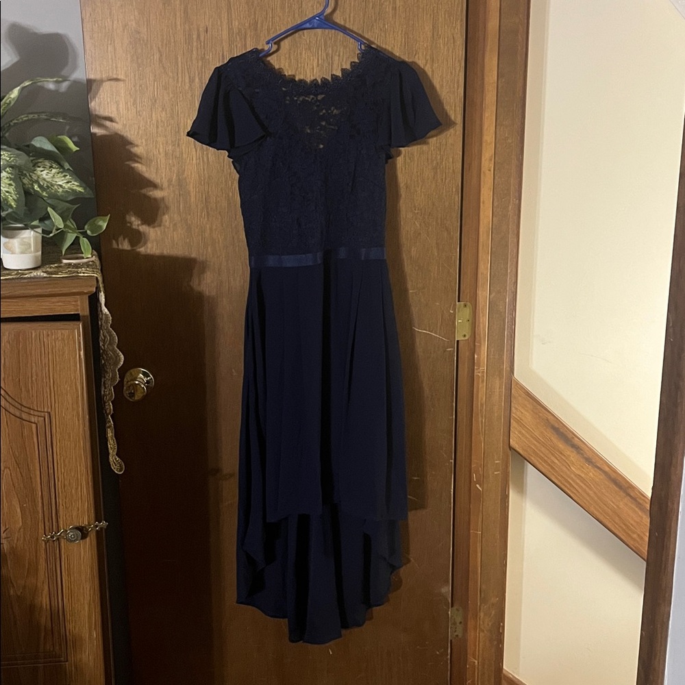 MIUSOL Women’s Navy Blue Lace High-Low Dress – Size Small (S) Elegant Cocktail